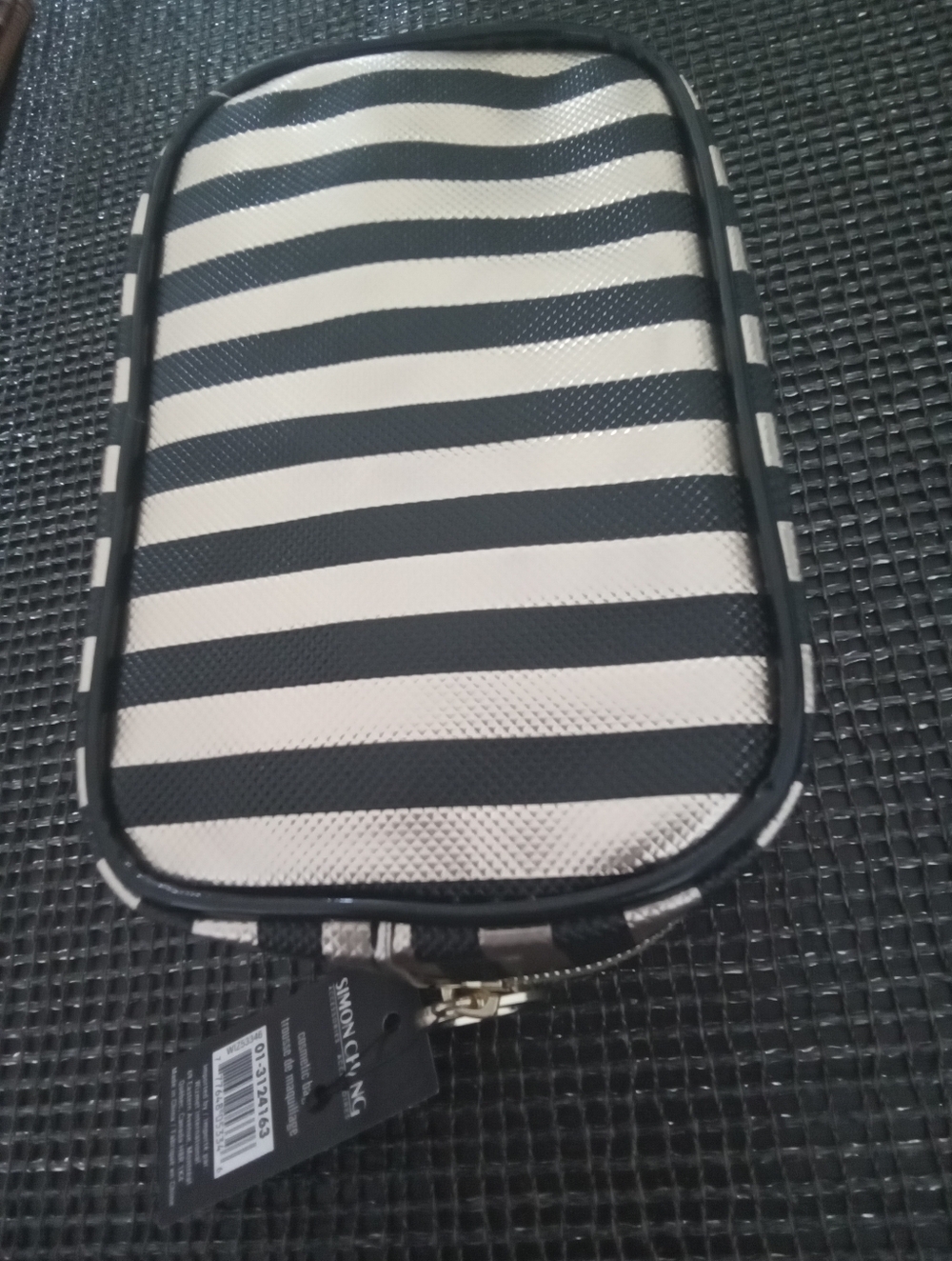 Simon Chang Black Shiny Gold Striped Cosmetic Bag